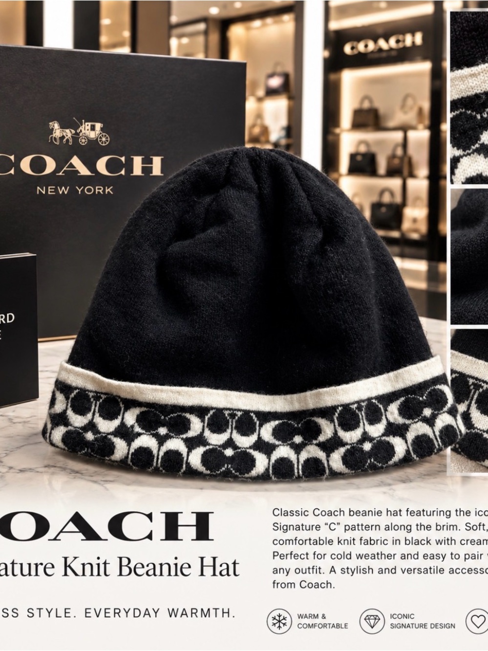 Woman Coach Black & Cream Signature C Knit Beanie